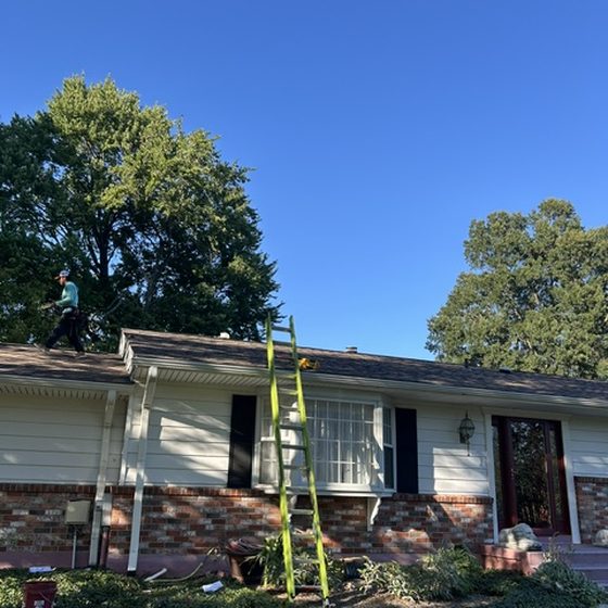 Finished house showing vinyl siding, trim and gutter line